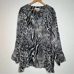 Victor Costa Silk Embellished Animal Print Blouse Size 3X